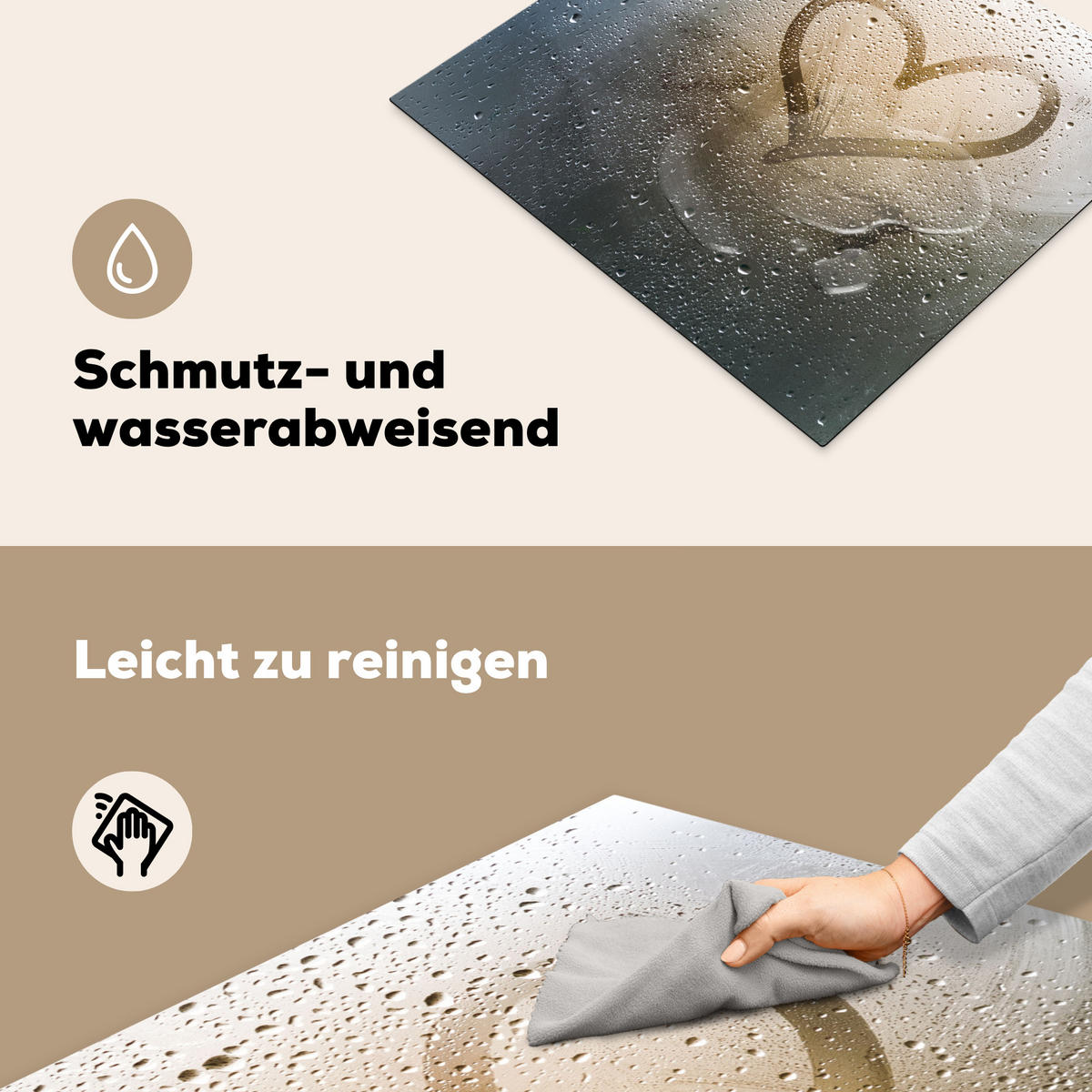 HERDABDECKPLATTE Herz - Kondenswasser - Wasser - 3D Ceranfeldabdeckung 59x52 cm - Grau, Kunststoff (59/52/0.2cm) - MuchoWow