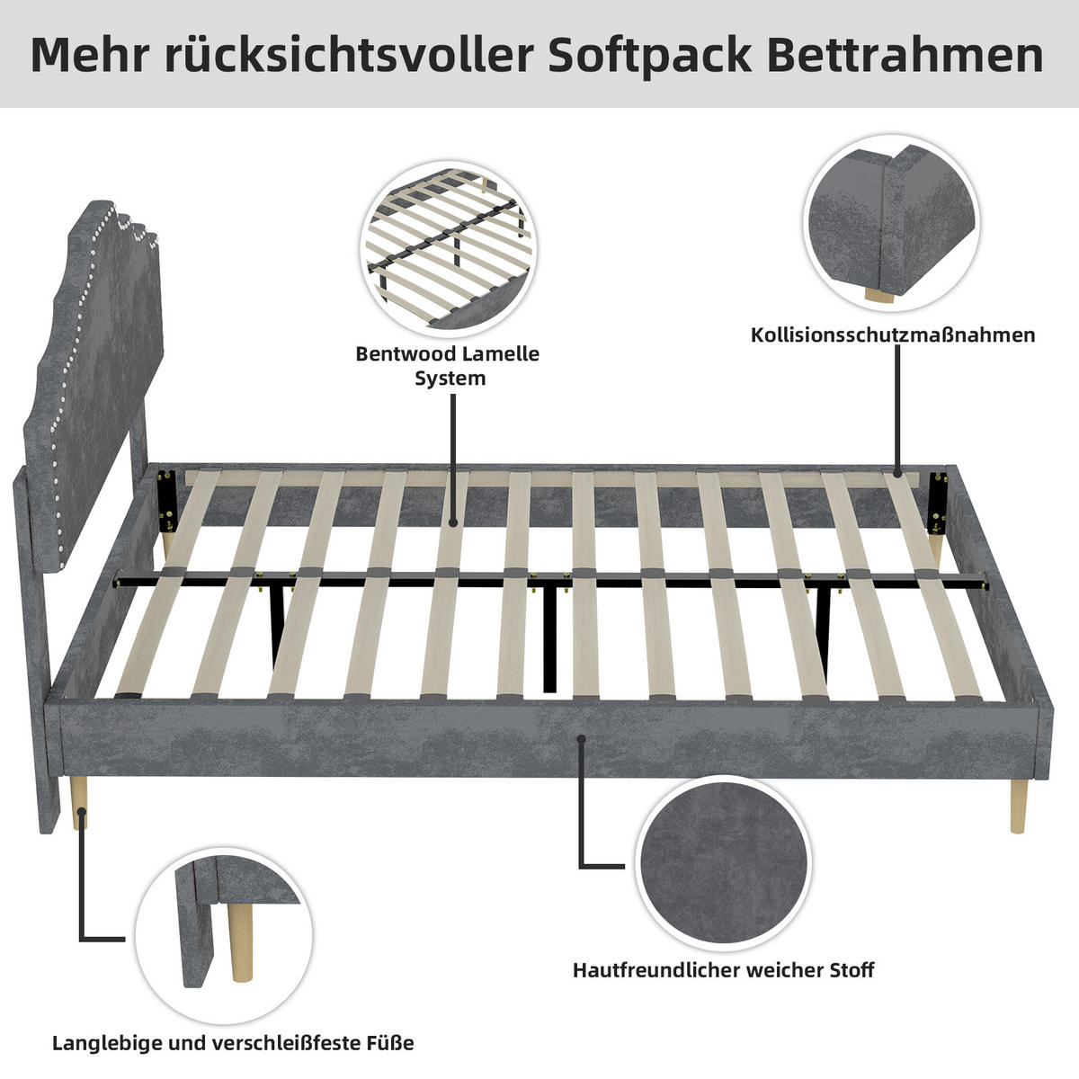 POLSTERBETT 160x200 cm Samt ohne Stauraum grau - Grau, Textil (160/200cm) - LEBENLANG