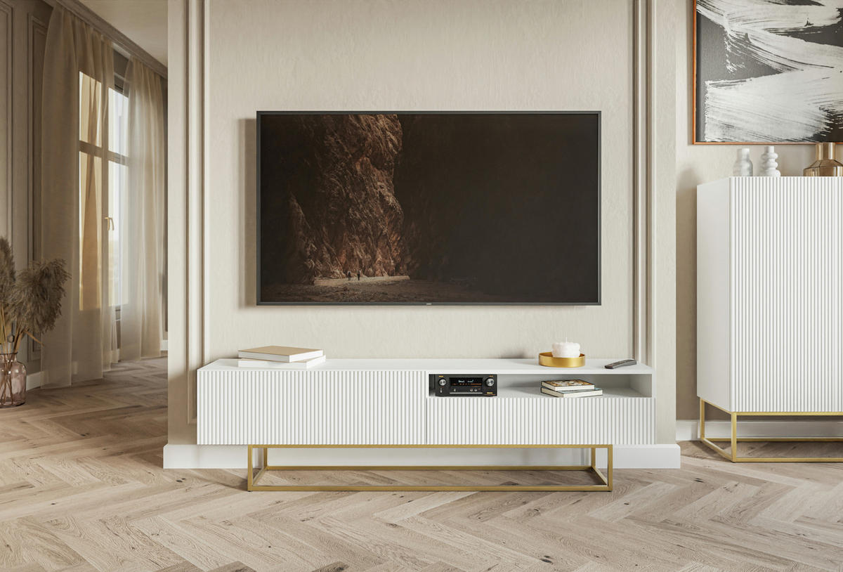 TV-SCHRANK Veldio Weiß mit offenem Fach und goldenen Metallbeinen 175 cm - Goldfarben/Weiß, Holzwerkstoff/Metall (175/46.5/31.6cm) - Selsey