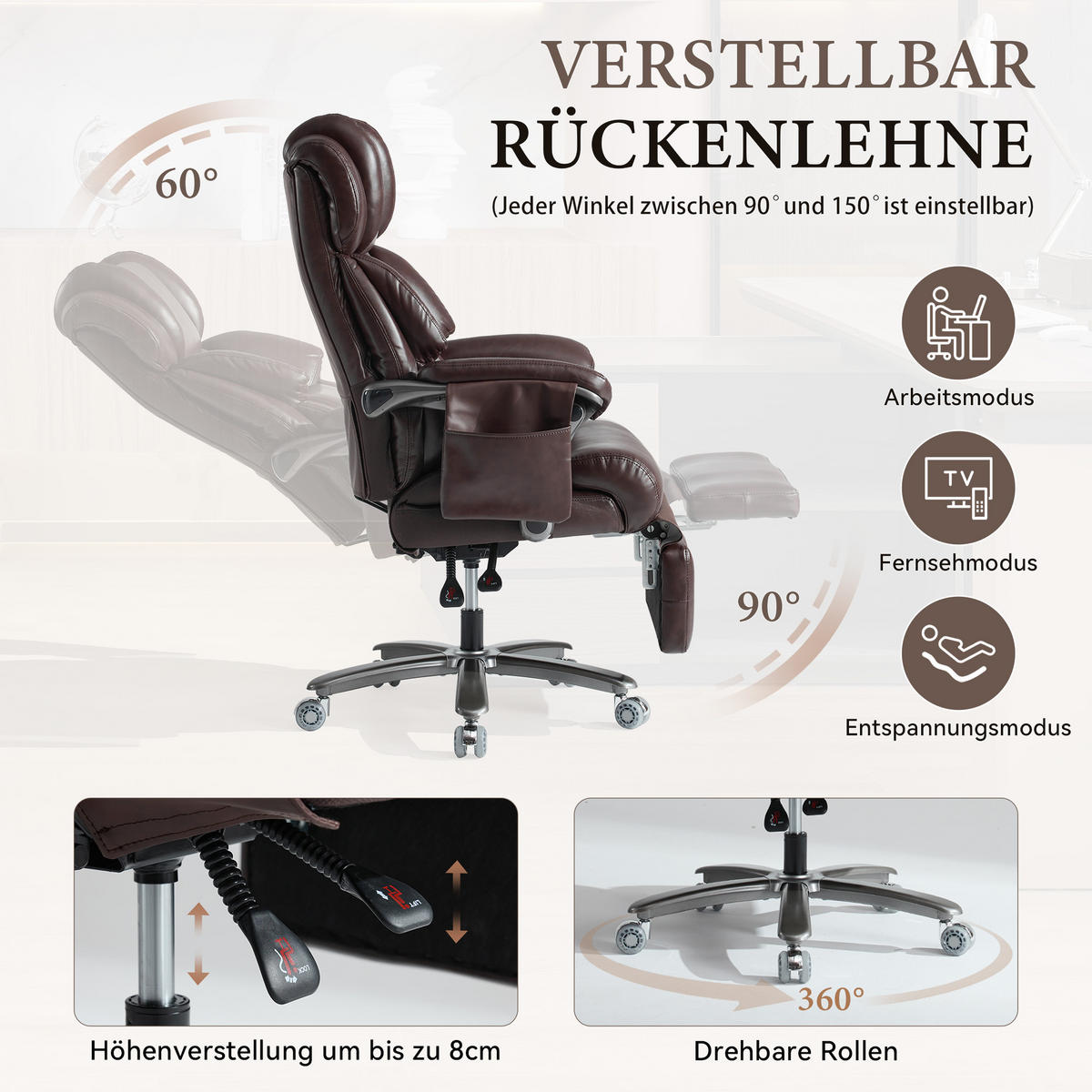 CHEFSESSEL Braun Höhenverstellbar mit Massagefunktion - Braun, Metall (85.5/121.5/76.5cm) - PANGIVO