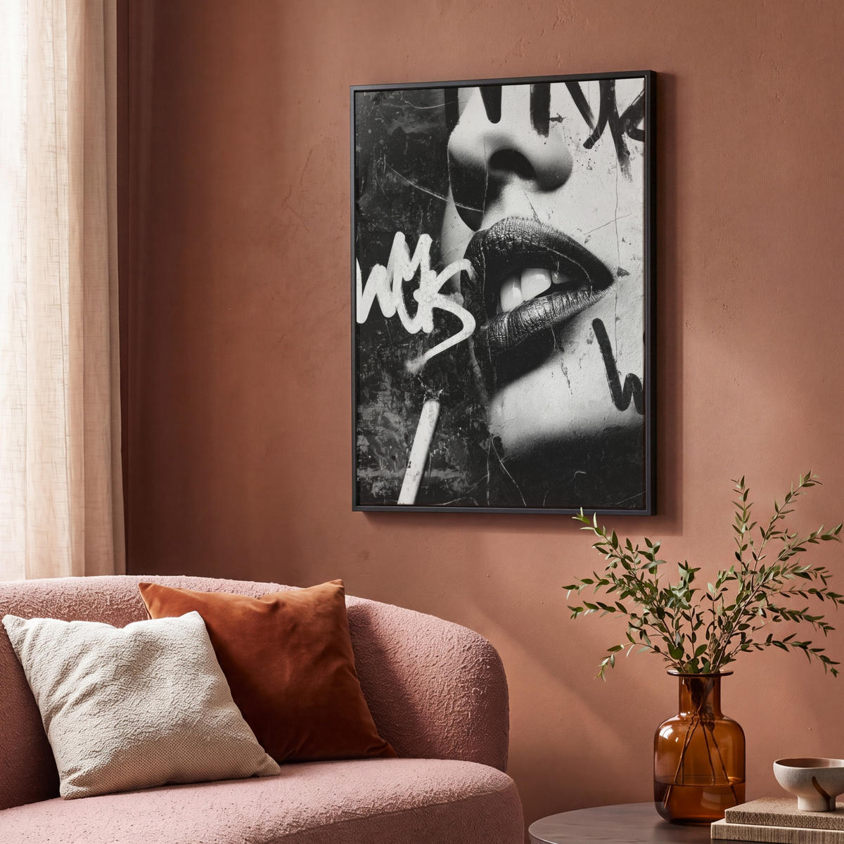 LEINWAND Bilder mit Rahmen - Gesicht - Mund - Graffiti - Schwarz - 70x100 - Schwarz, Textil (70/100cm) - MuchoWow