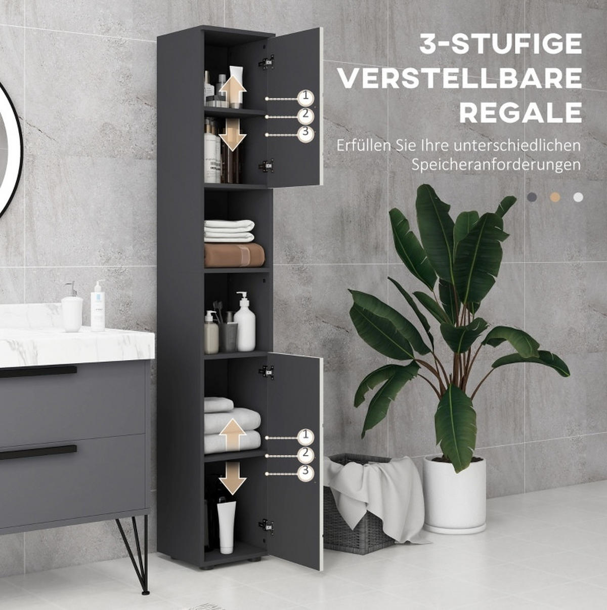 BADEZIMMERSCHRANK 30x30x183 cm Dunkelgrau mit 2 Schränken & verstellbaren Regalen - Dunkelgrau, Holzwerkstoff (30/183/30cm) - Modfu