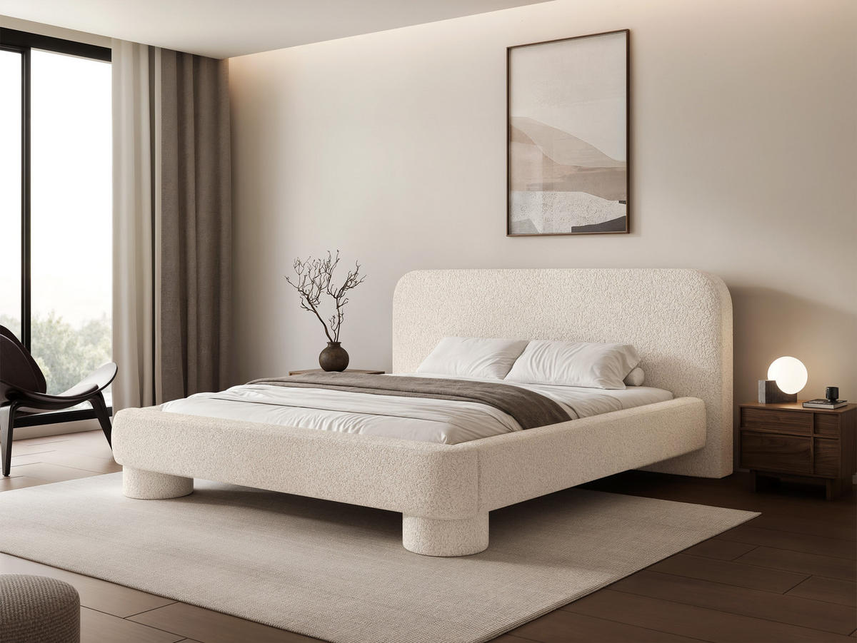 POLSTERBETT Frederico 140x200 cm Cremeweiß Bouclé – (Doppelbett mit Bettkasten, Lattenrost, rundes Kopfteil) - Creme, Holz/Holzwerkstoff (140/200cm) - Ravio