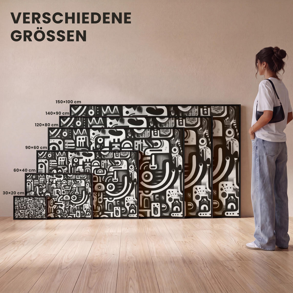 LEINWAND Bilder mit Rahmen - Symbole - Abstrakt - Grafik - Schwarz - 60x40 - Schwarz, Textil (60/40cm) - MuchoWow
