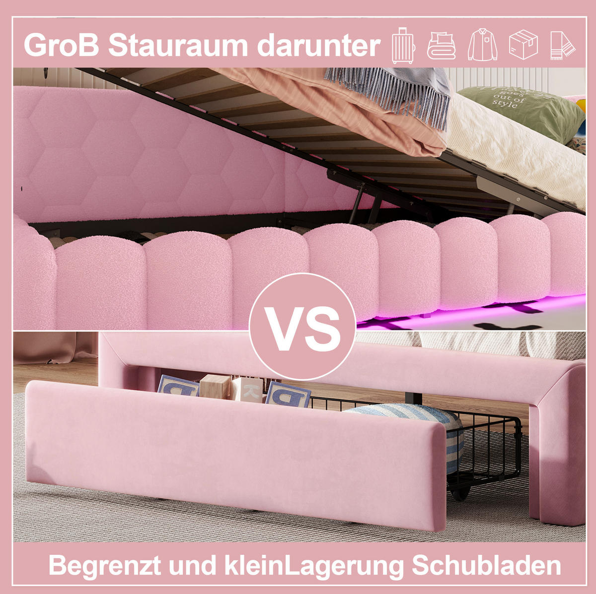 POLSTERBETT 90/200 cm Rosa aus Vliesimitat mit Stauraum - Rosa, Textil (90/200cm) - OKMYHOME