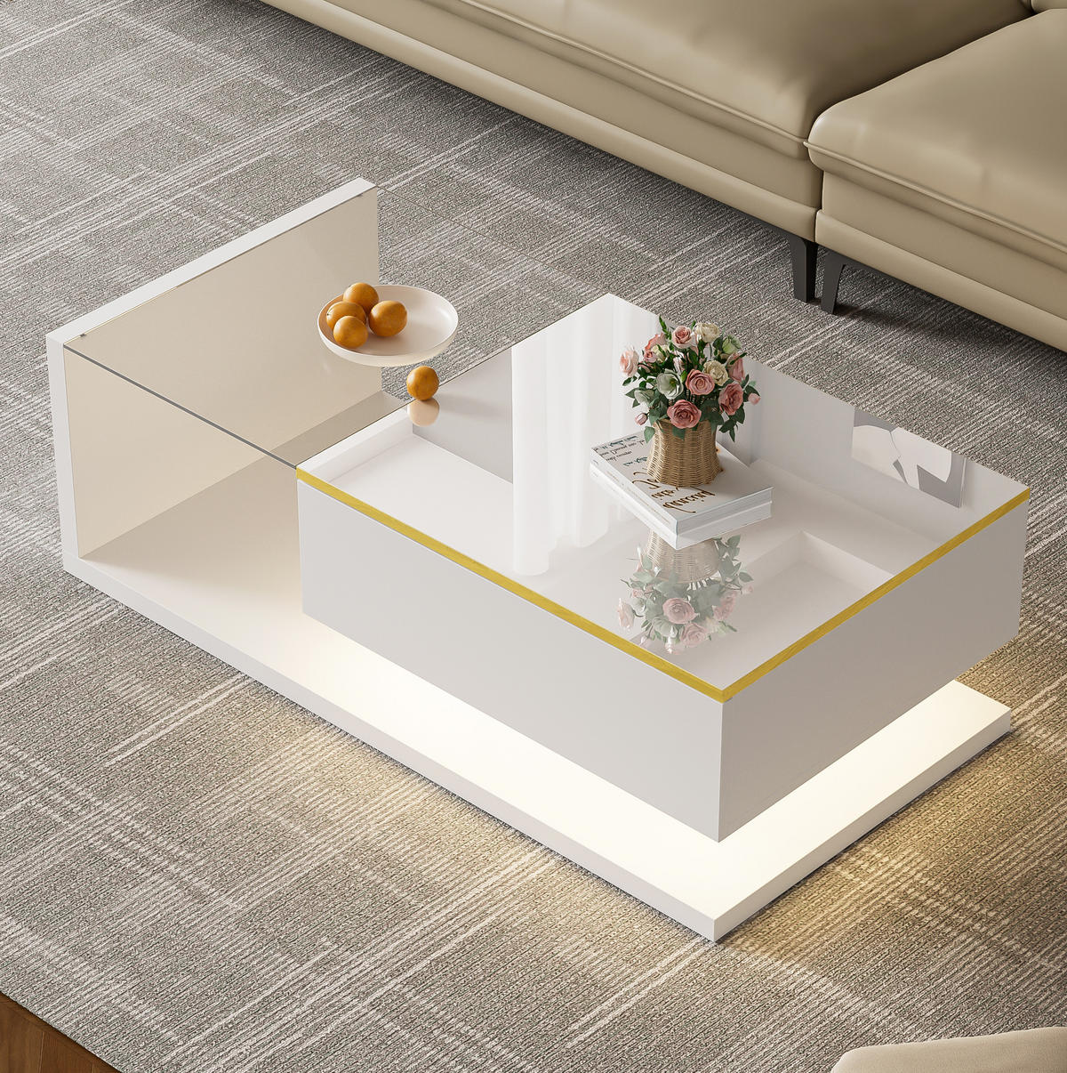 COUCHTISCH 100/50 cm weiß aus Spanplatte mit Glas und LED-Beleuchtung - Weiß, Holzwerkstoff (100/50/32.5cm) - OKMYHOME