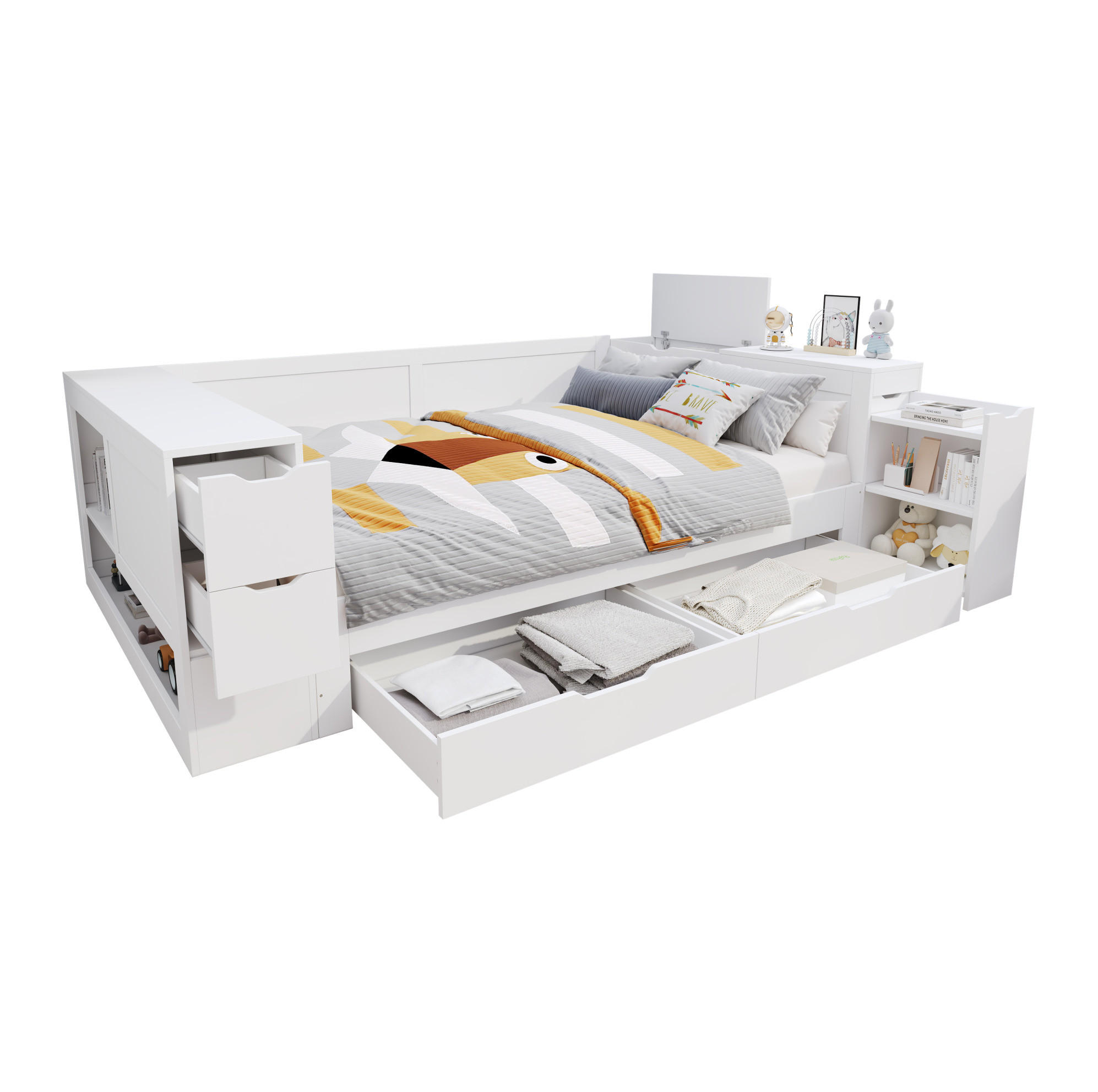 OKWISH DĚTSKÁ postel 140/200 cm bílá z MDF s úložným prostorem a nočním stolkem