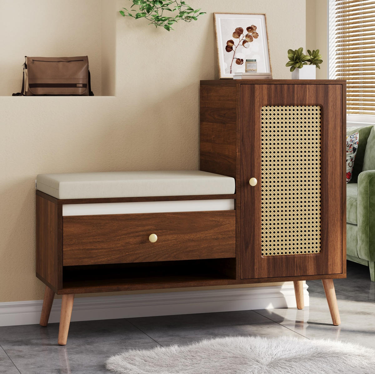 SCHUHSCHRANK 95,5/35/80,5 cm mit Sitzkissen, Schubladen und Rattan-Optik, Nussbaum - Dunkelbraun, Holzwerkstoff (95.5/80.5/35cm) - Redom