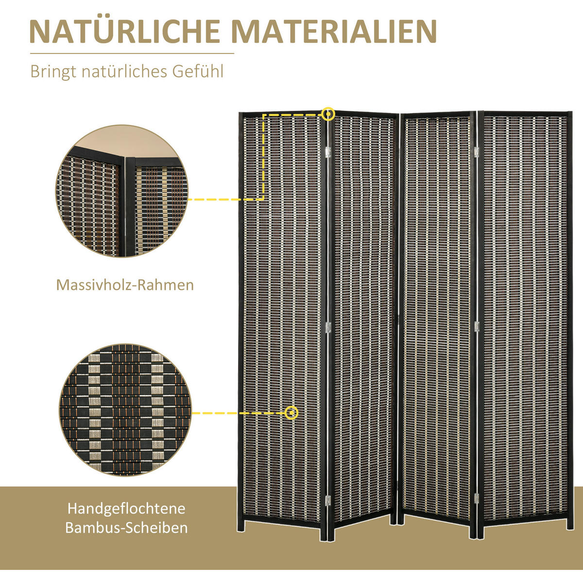 PARAVENT 4-teilig 180 x 180 cm, Braun - Braun, Holzwerkstoff (180/180/1.9cm) - HOMCOM