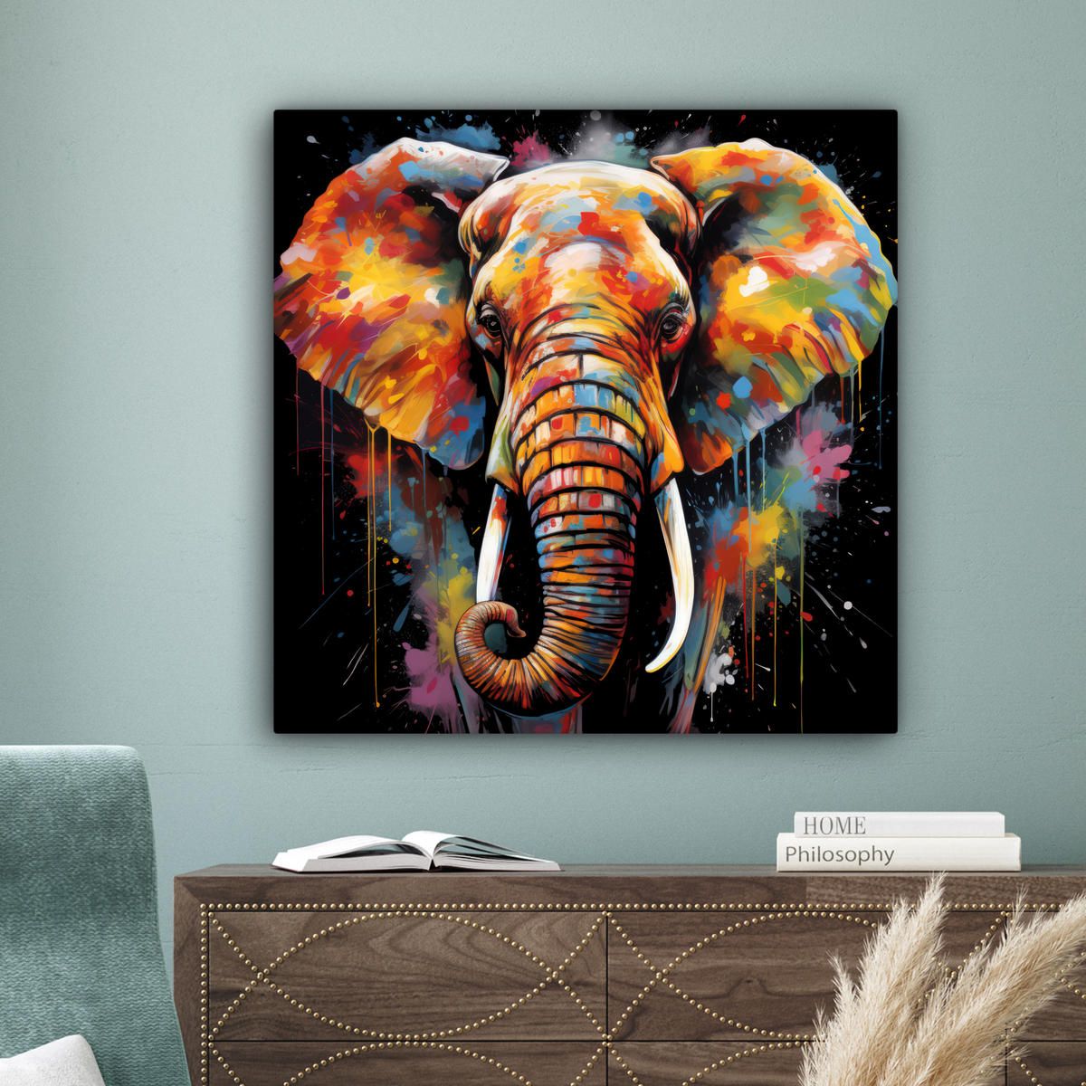 LEINWANDBILD Elefant - Graffiti - Schwarz - Tiere - Farben 90x90 cm - Schwarz, Textil (90/90cm) - MuchoWow