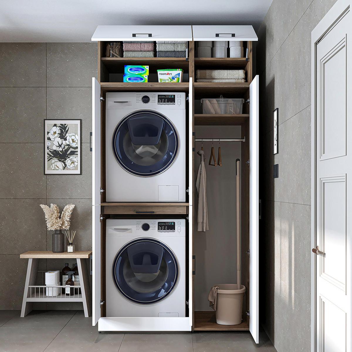 WASCHMASCHINENSCHRANK DORA-I 115cm Breit, 230cm Hoch - Eiche Bianco, Holzwerkstoff (115/230/73.8cm)