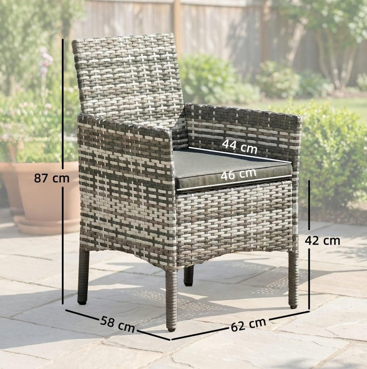 2ER Gartenstuhl-Set 62/58/87 cm mit Polstern und Armlehnen aus Polyrattan, Grau - Grau, Naturmaterialien (58/87/62cm) - Redom
