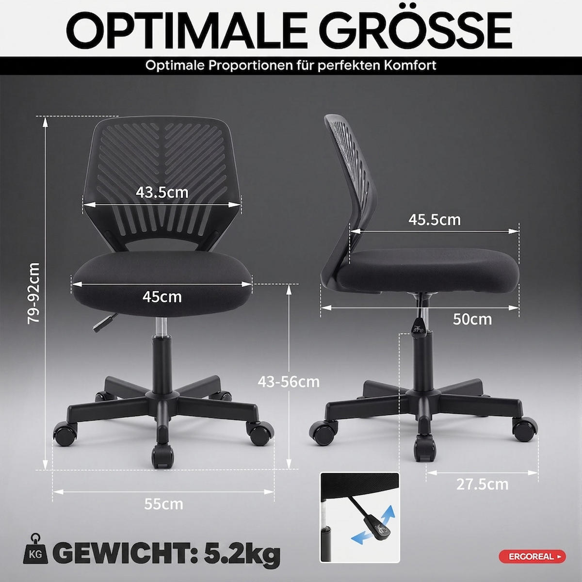 DREHSTUHL Tiefschwarz mit Rollen und Höhenverstellung - Schwarz, Kunststoff (47/87/44cm) - Oxeza