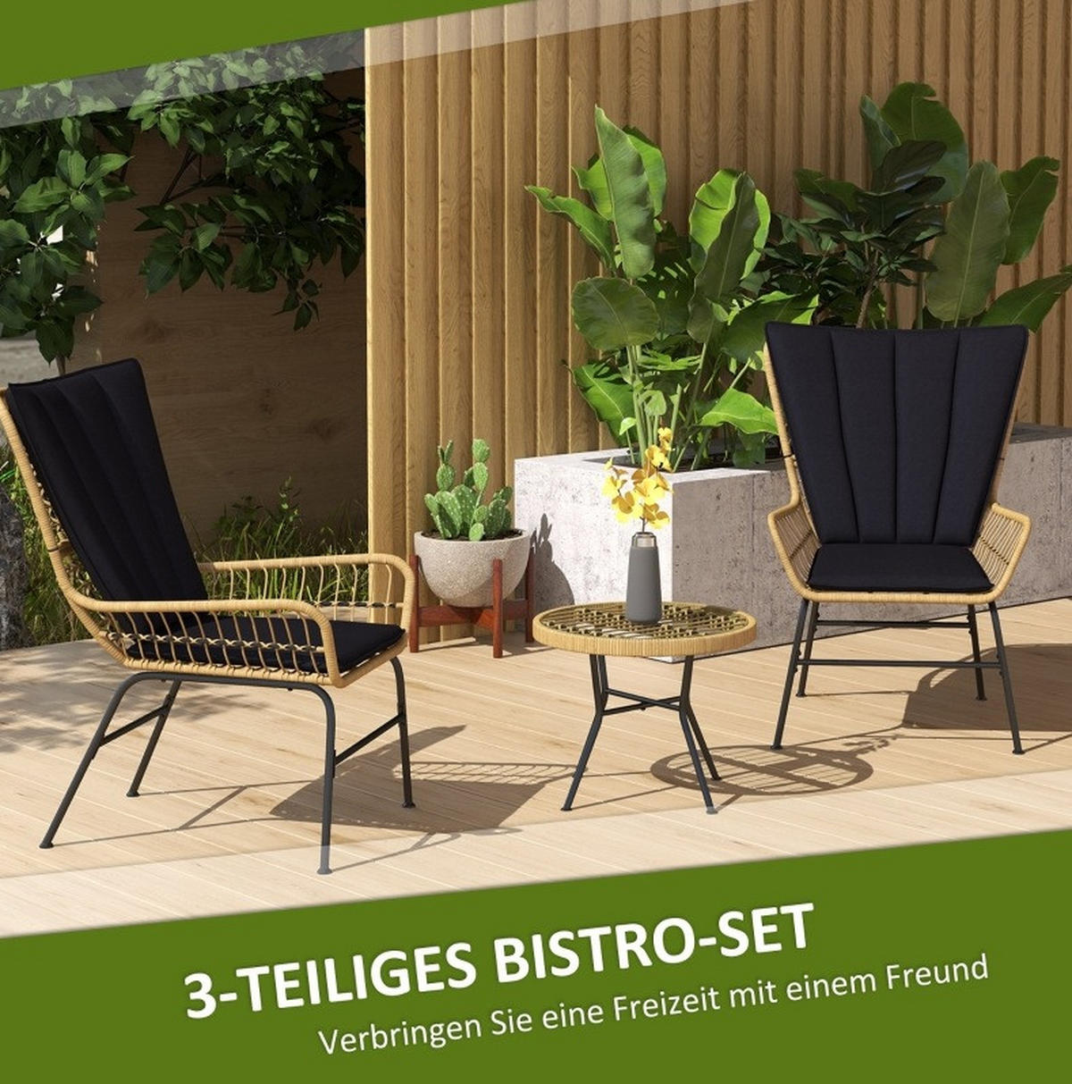 BALKONSET 3-teilig,50×50×40cm schwarz aus Rattan mit Kissen und Glas Tisch - Schwarz, Naturmaterialen - Modfu