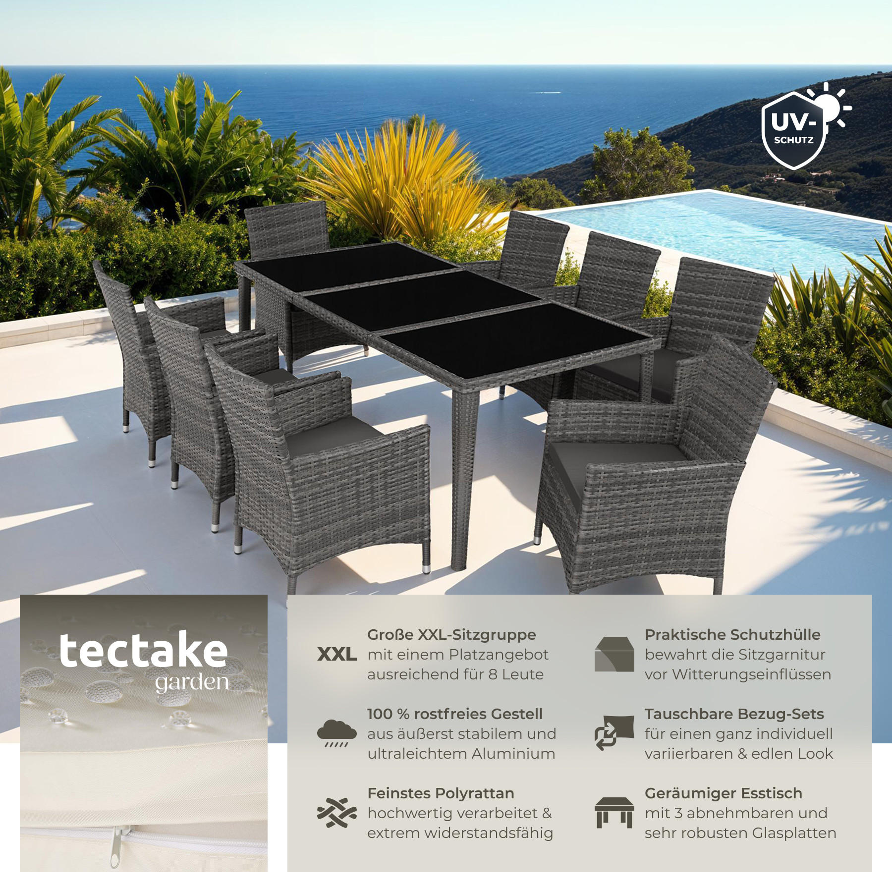 RATTAN SITZGRUPPE Menorca,2 Bezugssets, inklusive Schutzhülle,grau - Grau, Kunststoff - tectake