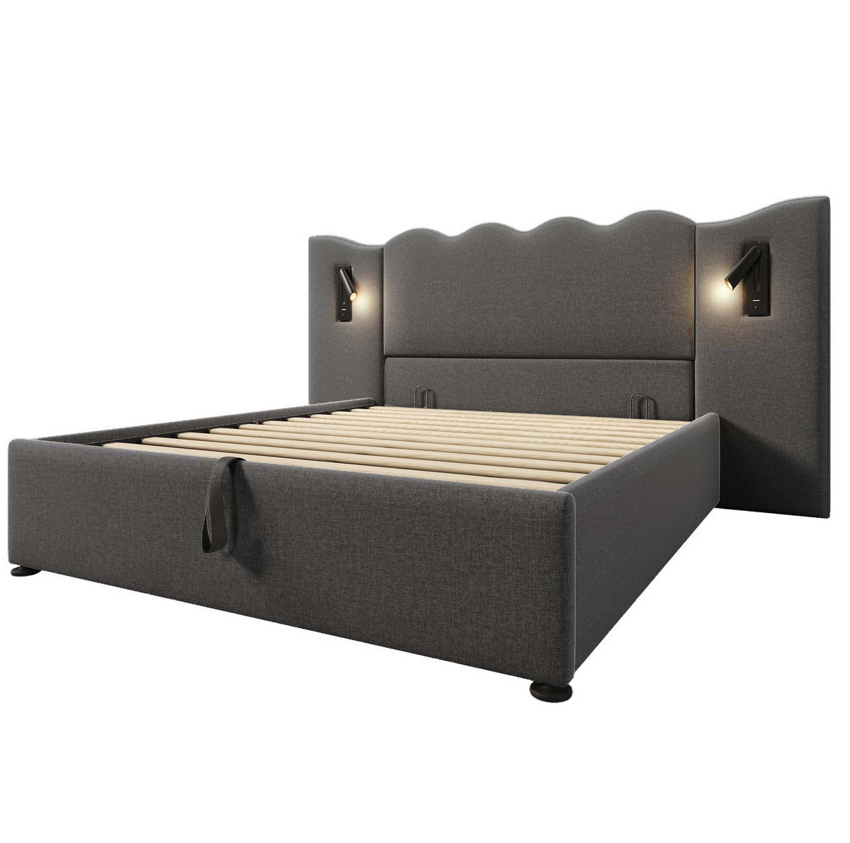 ČALÚNENÁ posteľ 160/200 cm, ľan, sivá, s lampičkou, USB-C a úložným priestorom - sivá, textil (160/200cm) - BEAOK
