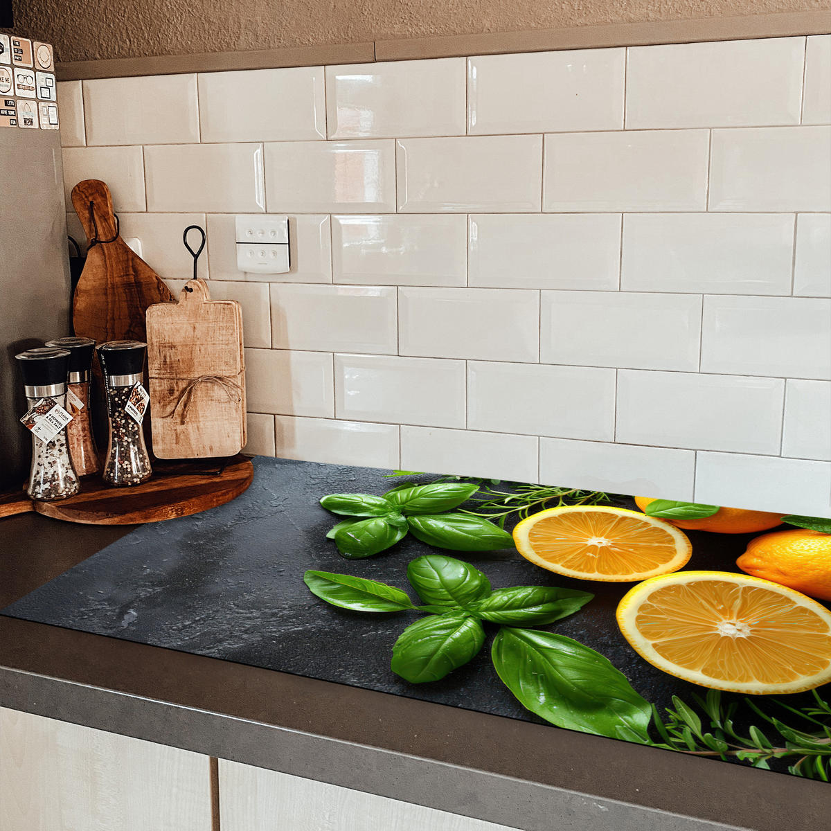 HERDABDECKPLATTE Obst - Grau - Konkret - Orange - Pflanzen Ceranfeldabdeckung 90x52 cm - Anthrazit, Kunststoff (90/52/0.2cm) - MuchoWow