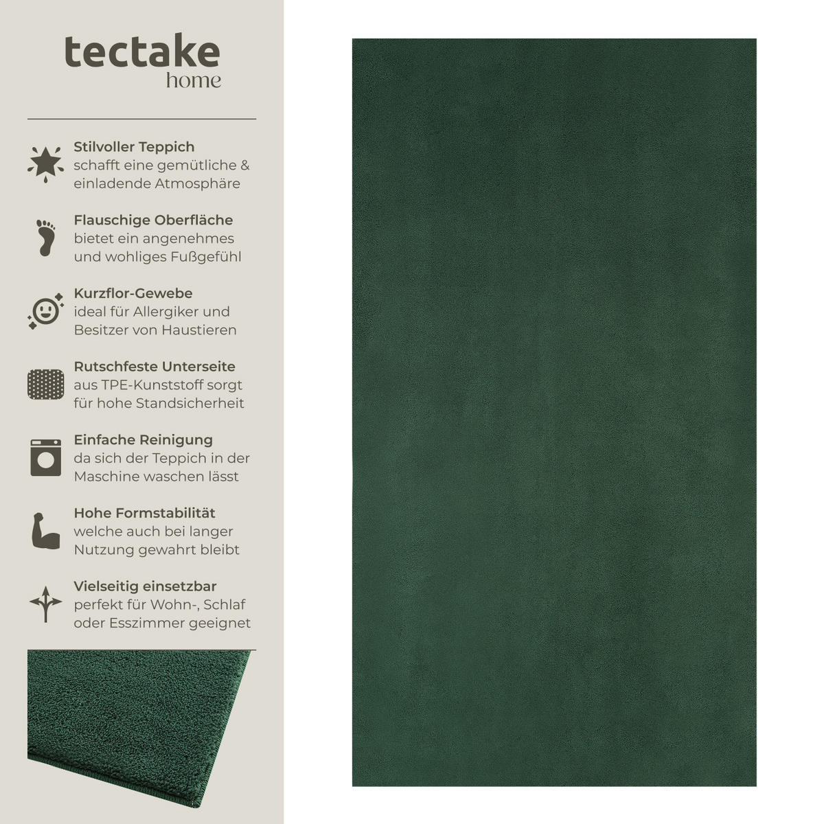 KURZFLORTEPPICH Soft Zone,rutschfeste Unterseite,grün - Grün, Kunststoff (150/80cm) - tectake