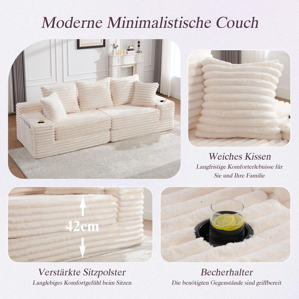 SCHLAFSOFA aus Cord mit Getränkehaltern und Kissen, Beige - Beige, Textil (107.48/34.25/38.58cm)