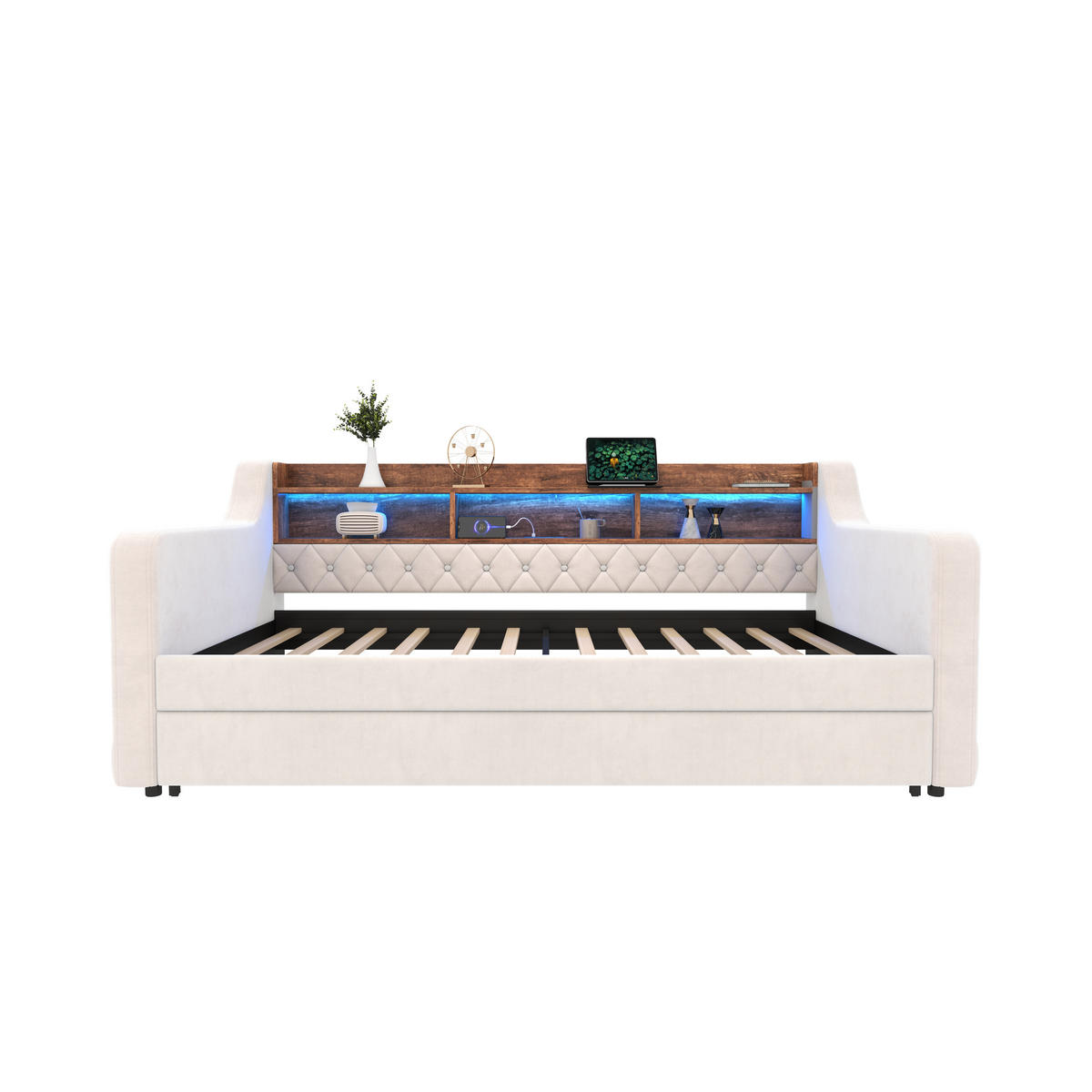 BETT 90/190 cm aus Samt mit Stauraum LED-Ambiente & USB-Type-C-Anschluss Beige - Beige, Textil (90/190cm) - OKWISH