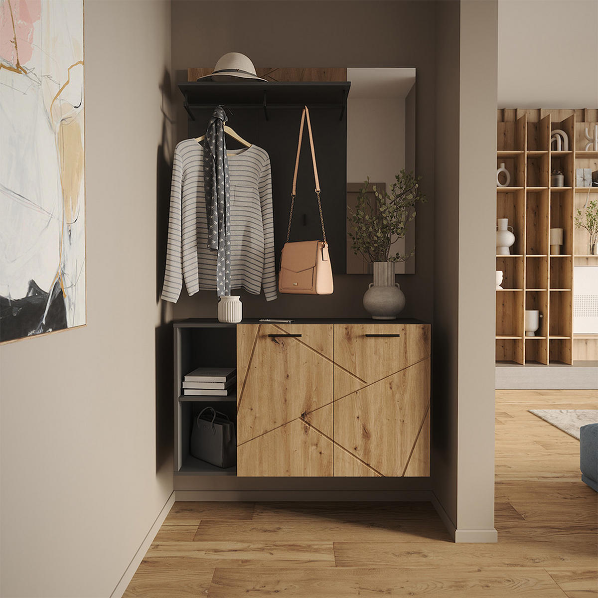 SCHUHSCHRANK Irma Anthrazit/Artisan 106 x 63 cm mit 2 Türen - Anthrazit, Holzwerkstoff (106/63/37cm) - Vicco