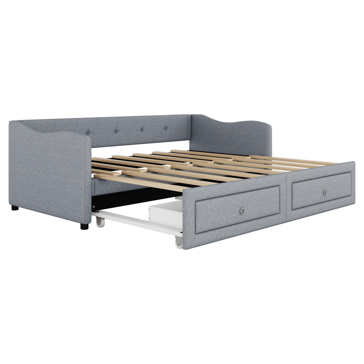 TAGESBETT 90/200 cm Grau aus Leinen mit ausziehbarem Bett und Schubladen - Grau, Textil (90/200cm) - OKWISH