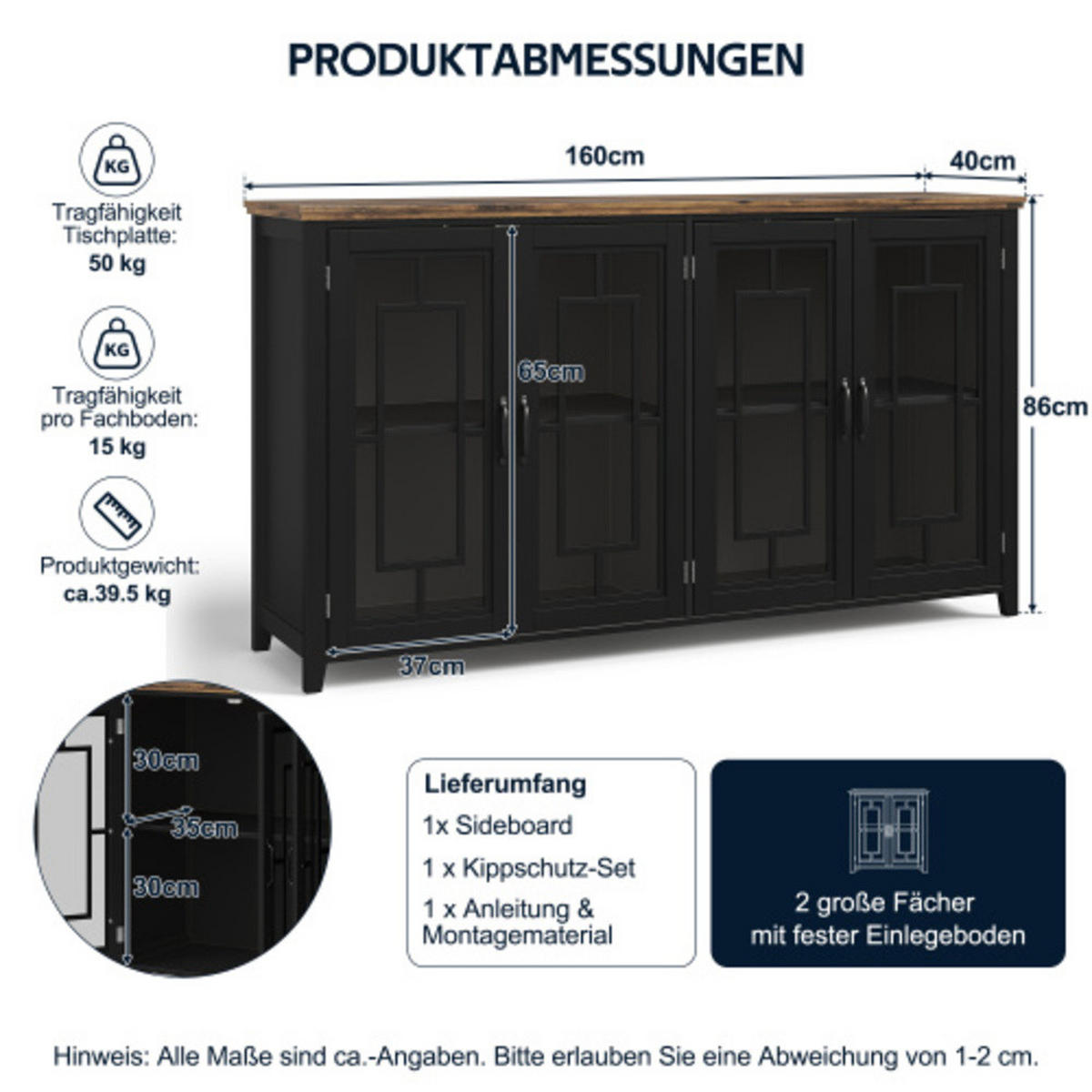 SIDEBOARD Schwarz aus MDF mit Retro-Holzmaserung-Platte 160 × 40 × 86 cm - Schwarz, Holzwerkstoff (160/86/40cm) - Luhomfu