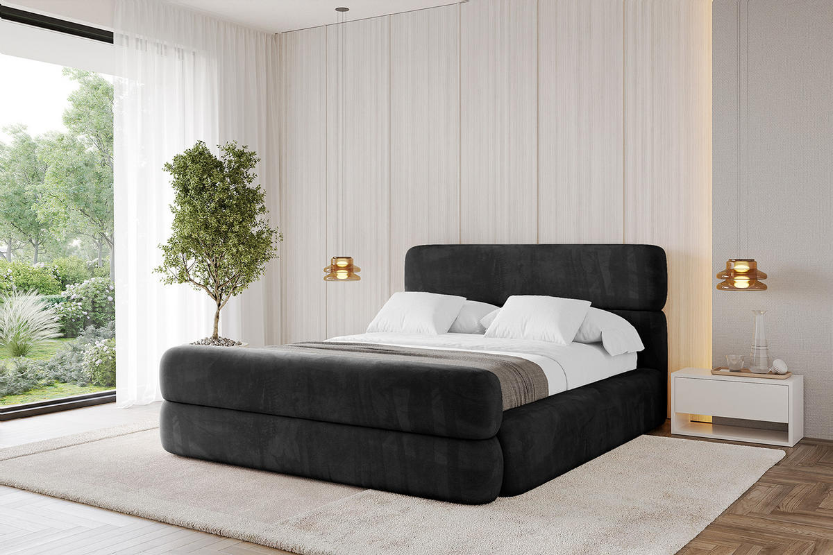 POLSTERBETT mit Bettkasten, Fußteil und Lattenrost, Boxbett mit Matratze H3/H4 - ENORA-Z 180x200 Schwarz - Schwarz, Holzwerkstoff/Textil (180/200cm) - ALTDECOR