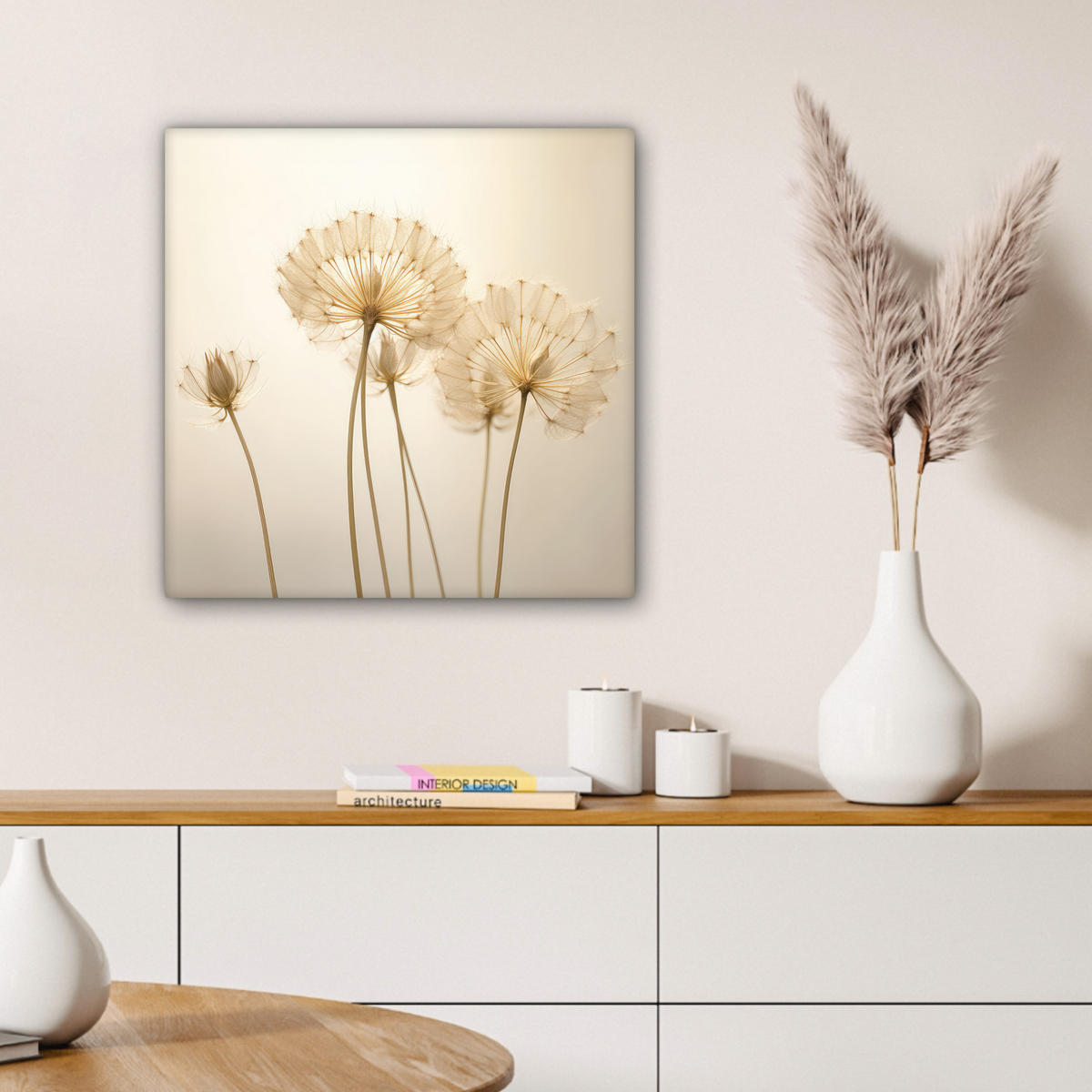 LEINWANDBILD Sonnenlicht - Löwenzahn - Botanisch - Blumen Wandbild Wohnzimmer 50x50 cm - Creme, Textil (50/50cm) - MuchoWow