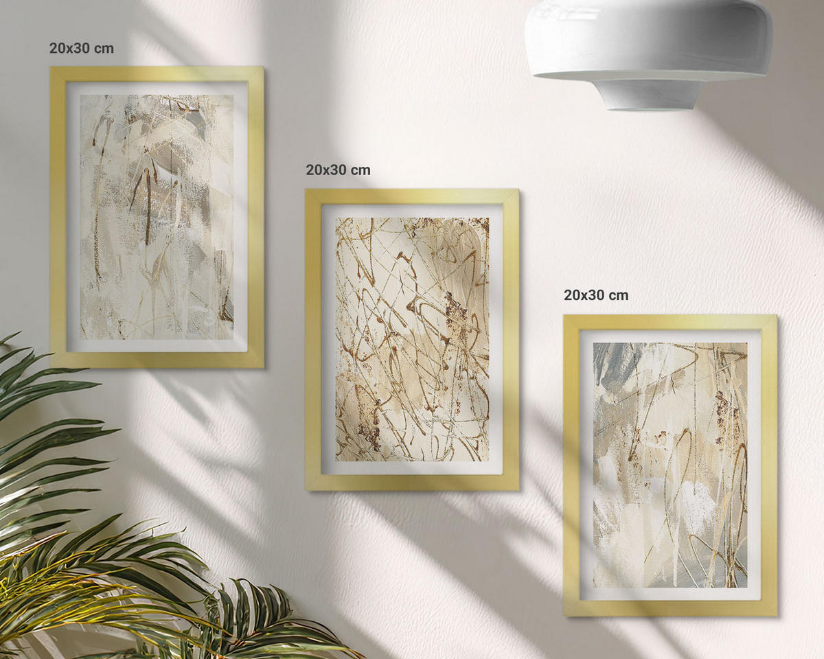 WANDBILDER 3er Set - 20x30 cm Goldrahmen - Abstrakte Muster in Beige und Grau - Goldfarben, Kunststoff (20/30cm) - ArtPrintCave