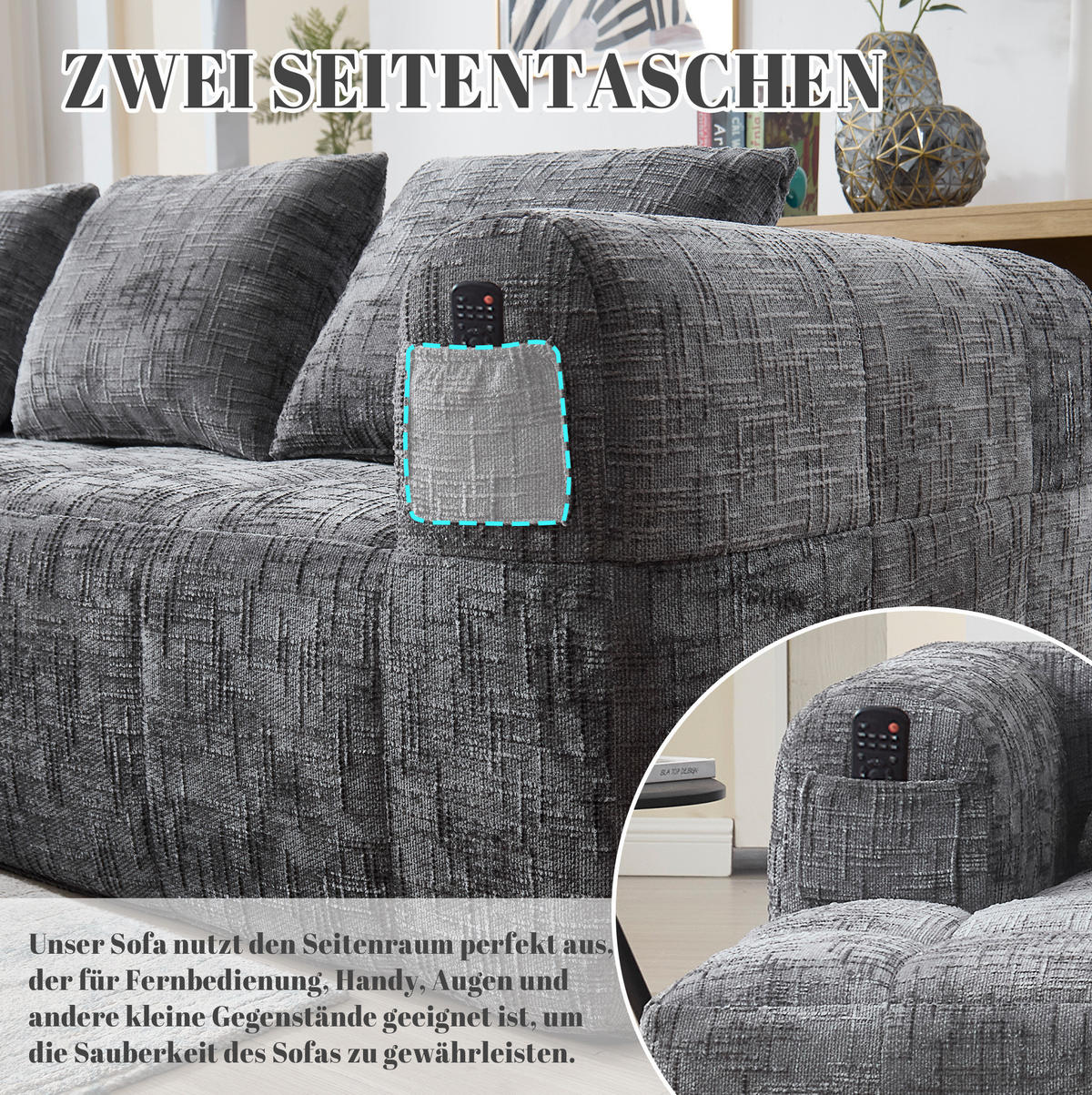 ECKSOFA 250/158/60 cm grau aus Chenille mit Seitentaschen - Grau, Textil (250/158cm) - OKWISH