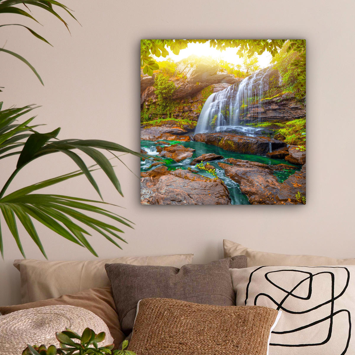 LEINWANDBILD Natur - Wasserfall - Pflanzen - Bäume - Sonne 50x50 cm - Olivgrün, Textil (50/50cm) - MuchoWow