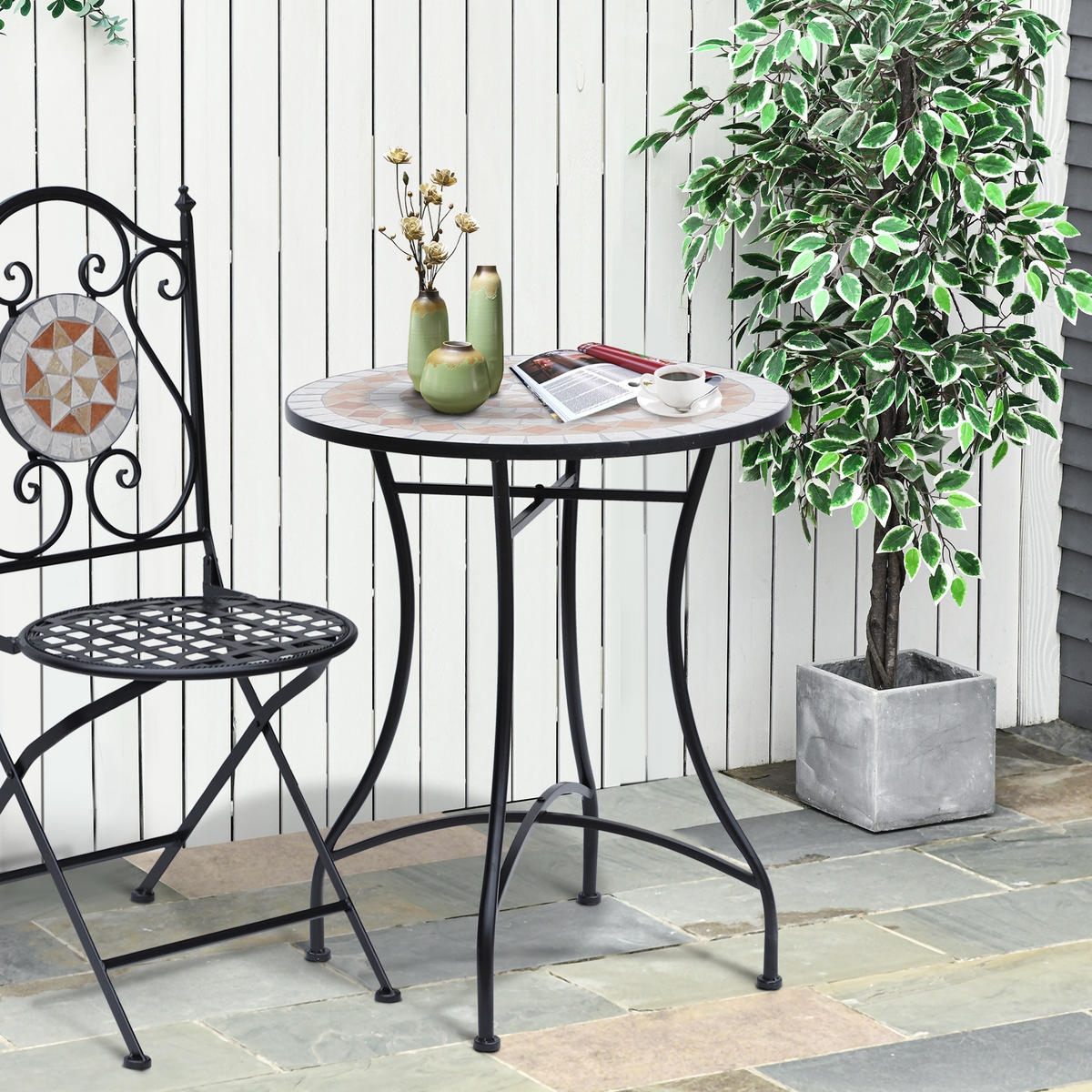 GARTENTISCH, Orange + Weiß,Stahl - Schwarz/Orange, Keramik/Metall (60/60/71cm) - Outsunny