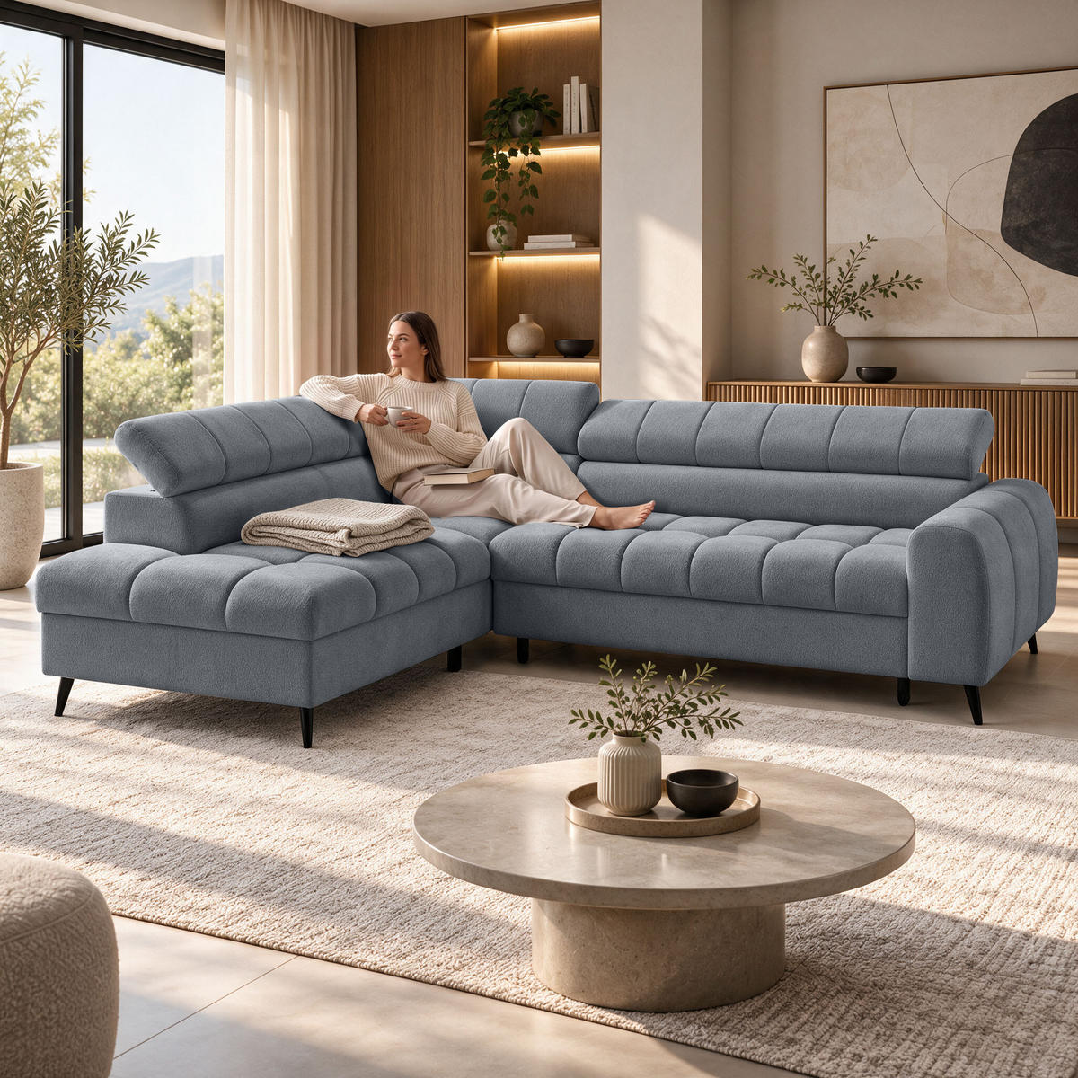 ECKSCHLAFSOFA Vinni Grau, Chenille-Stoff, links - Grau, Textil (265/205cm) - Beautysofa