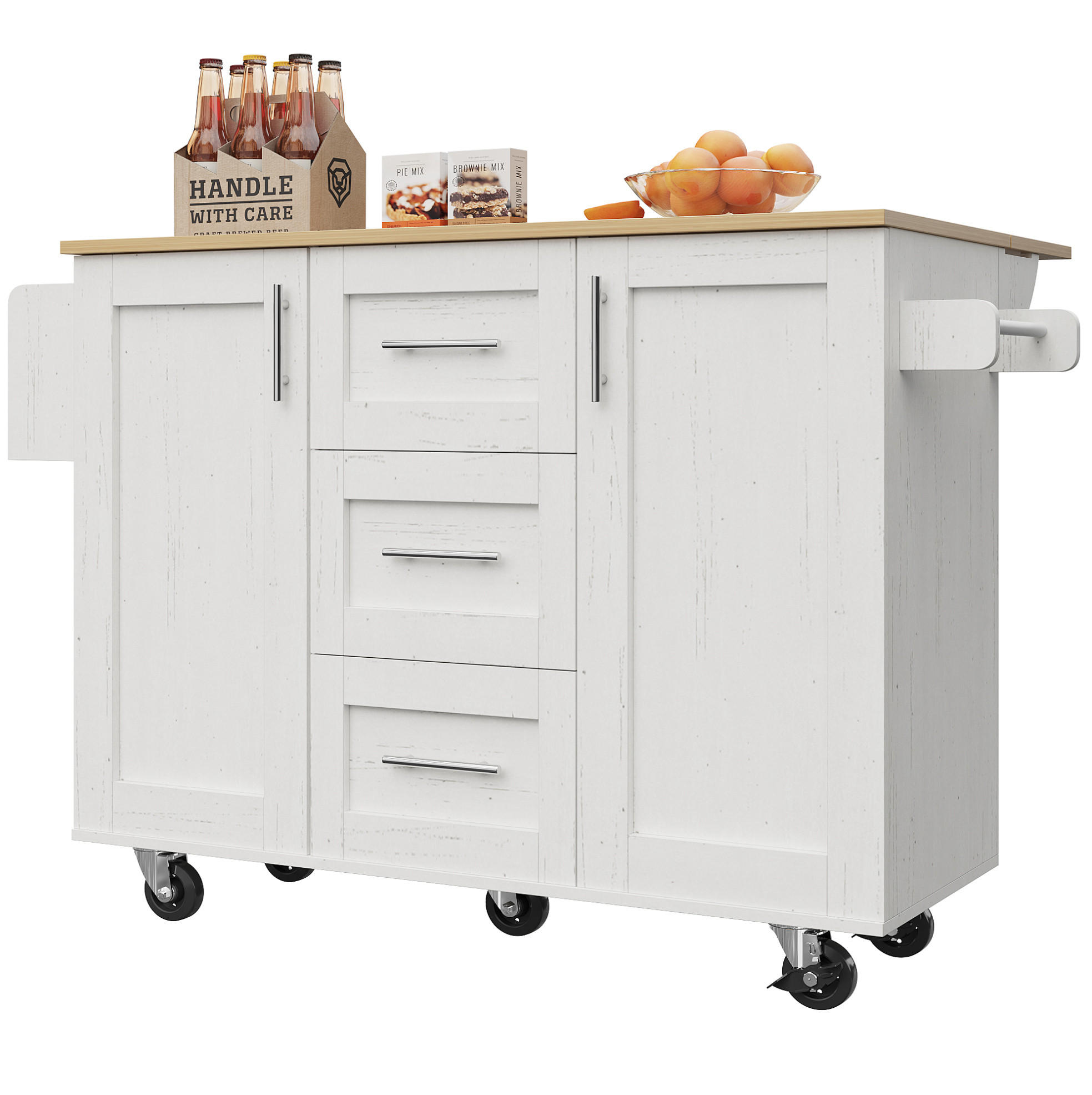 KÜCHENWAGEN 135x74x87.2cm Weiß mit Klappseiten, 3 Schubladen, Snackregal & 5 Rollen - Weiß, Holzwerkstoff (135/87.2/74cm) - Modfu