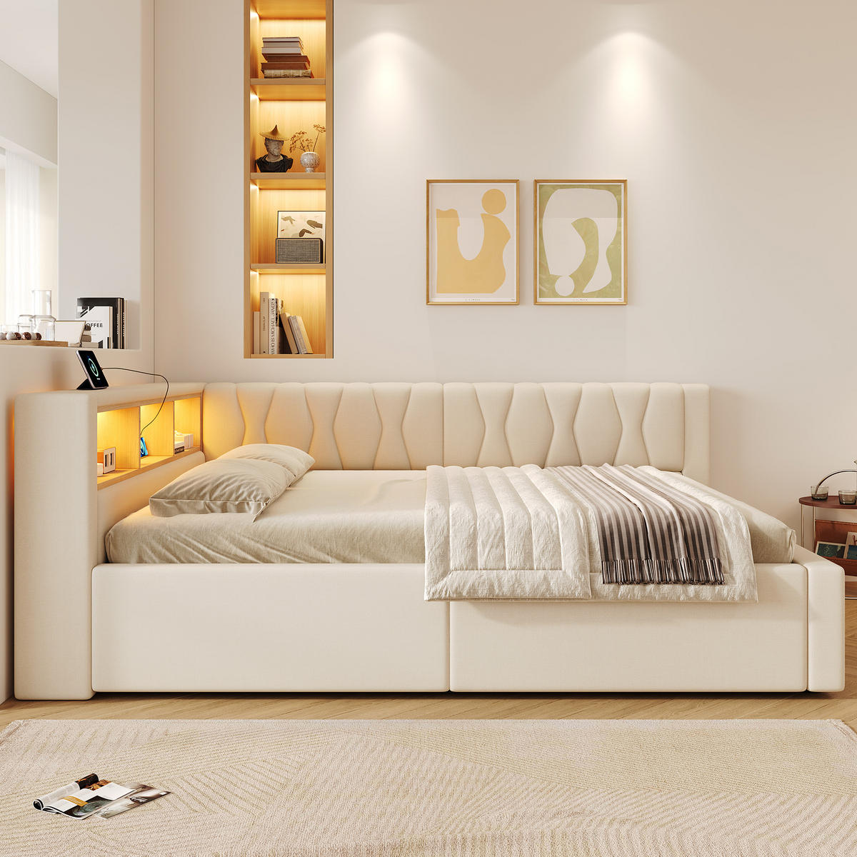TAGESBETT 140x200cm Schlafsofa Hydraulik LED USB Beige - Beige, Naturmaterialien (140/200cm) - FLIEKS