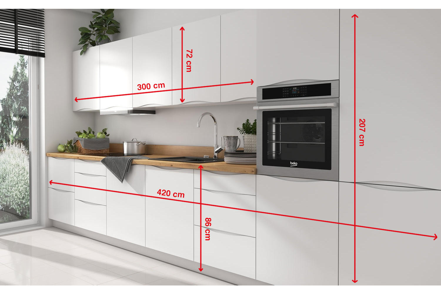 KÜCHENLEERBLOCK Napoli weiß matt / RAL 9016 verkehrsweiß (K5); Arbeitsplatte Eiche Artisan 420 / 59 / 207cm 12-teilig - Weiß/Braun, Holzwerkstoff (420/207/60cm) - Feldmann-Wohnen