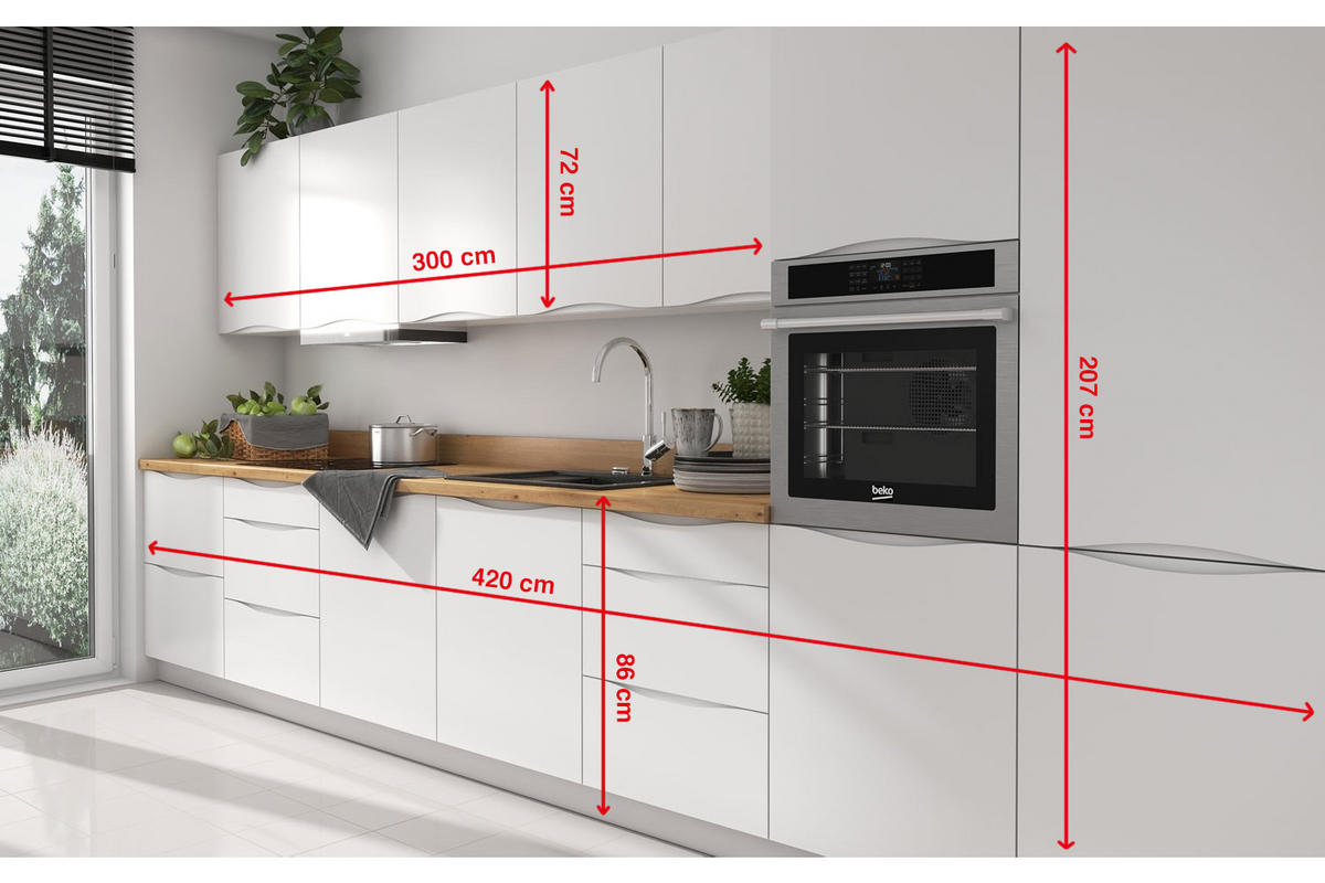 KÜCHENLEERBLOCK Napoli weiß matt / RAL 9016 verkehrsweiß (K5); Arbeitsplatte Eiche Artisan 420 / 59 / 207cm 12-teilig - Weiß/Braun, Holzwerkstoff (420/207/60cm) - Feldmann-Wohnen