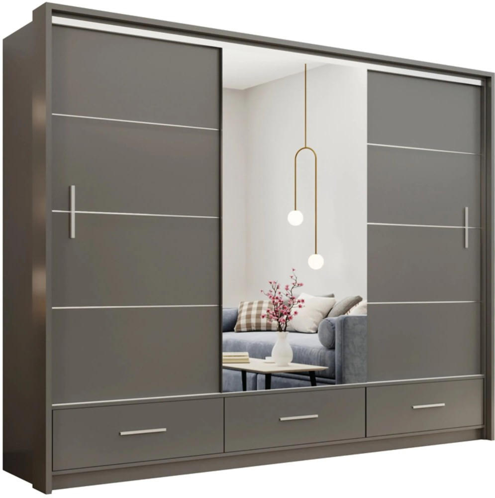 SCHWEBETÜRENSCHRANK Marsylia mit Spiegel und Schubladen, graphitfarben, 255 cm - Graphitfarben, Holzwerkstoff (255/225/61cm) - Beautysofa