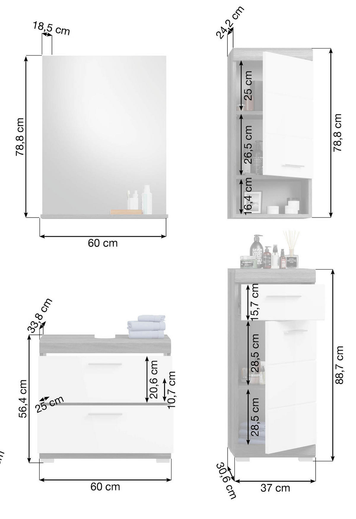 BADMÖBEL-SET weiß Hochglanz, grau 4-teilig 112 cm, Kombination mit viel Stauraum - Weiß Hochglanz/Grau, Holzwerkstoff (112/191/34cm) - Inn.Furn