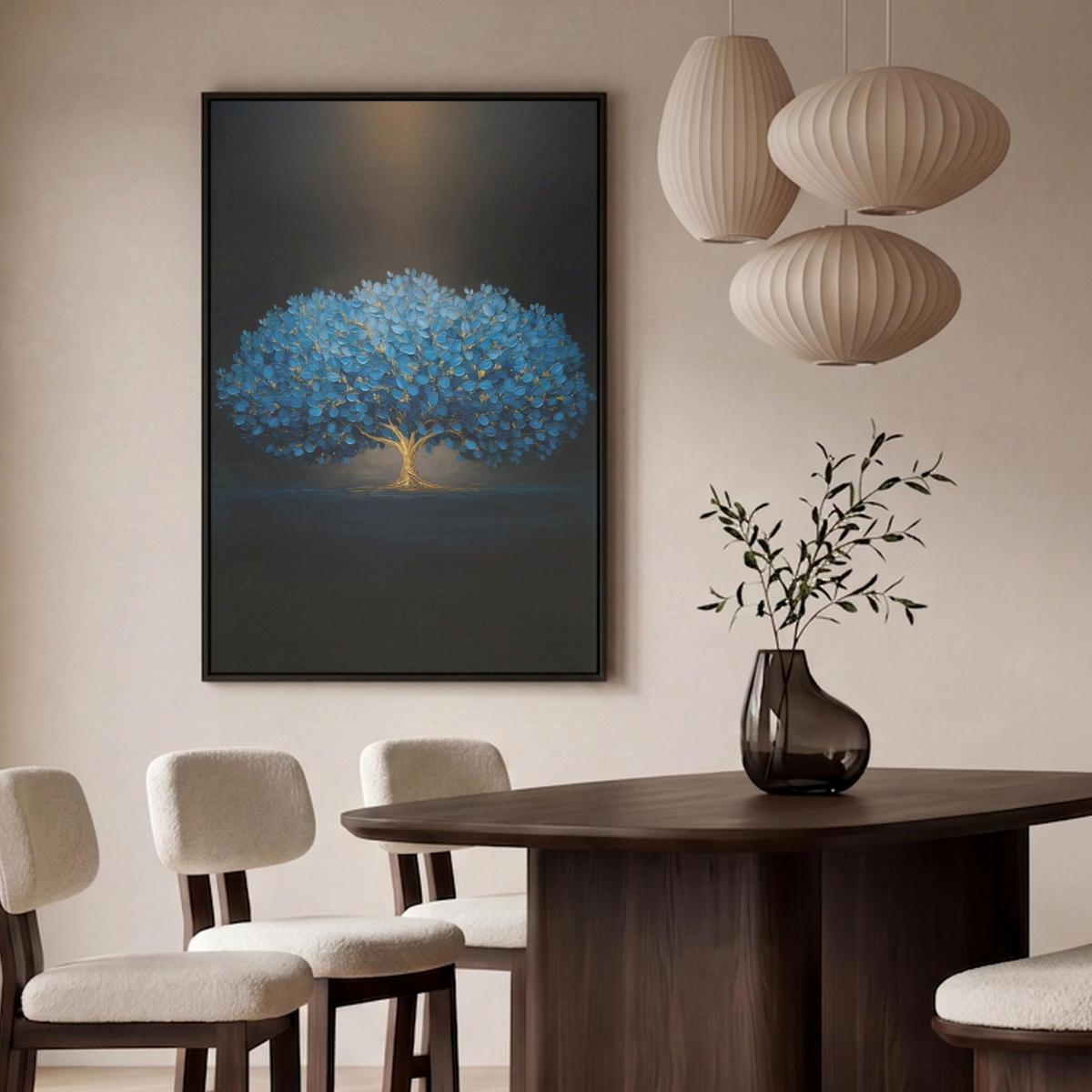 LEINWAND Bilder mit Rahmen - Baum - Blau - Blätter - Pinselstriche - 80x120 - Blau, Textil (80/120cm) - MuchoWow