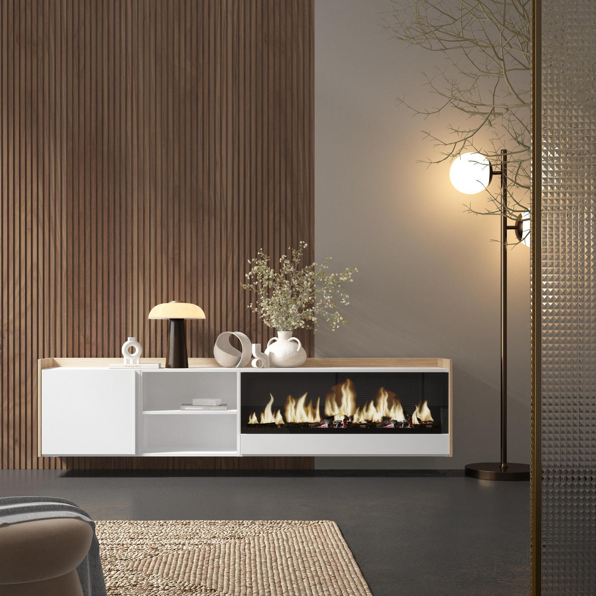 LOWBOARD, Weiß und Eiche, 212/35/50cm, Kamin mit Feuereffekt XXL - Weiß, Holzwerkstoff (212/50/35cm) - Skraut Home