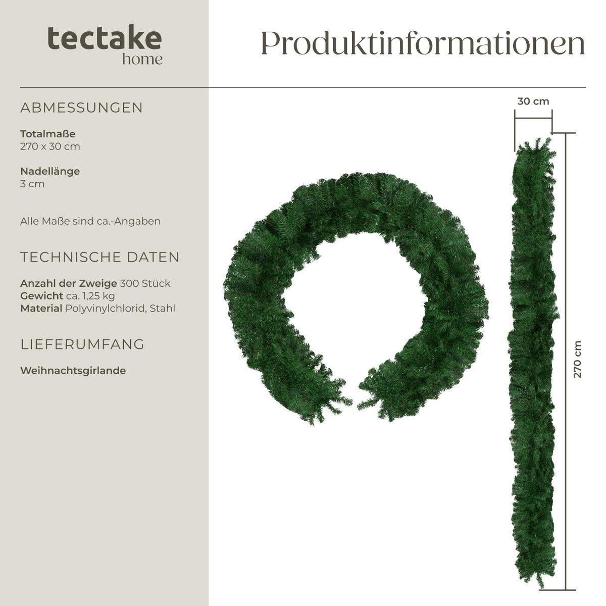 WEIHNACHTSGIRLANDE ,mit Schlaufe zum Aufhängen,grün - Grün, Kunststoff (270cm) - tectake