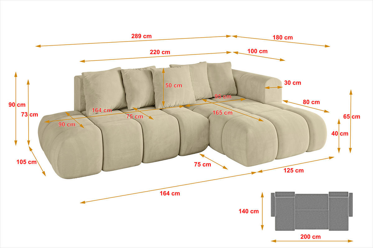 ECKSOFA Ottomane Rechts CLOUD-L-v1 289x180x40 Beige Velours - Beige, Holzwerkstoff/Kunststoff (289/180cm) - ALTDECOR