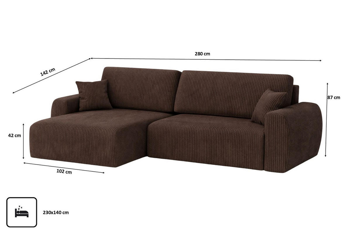 ECKSOFA Mit Schlaffunktion, Ariel XL, Cordstoff, Stoff Poso, Braun, Links - Braun, Holz (280/142cm) - Kaiser Möbel