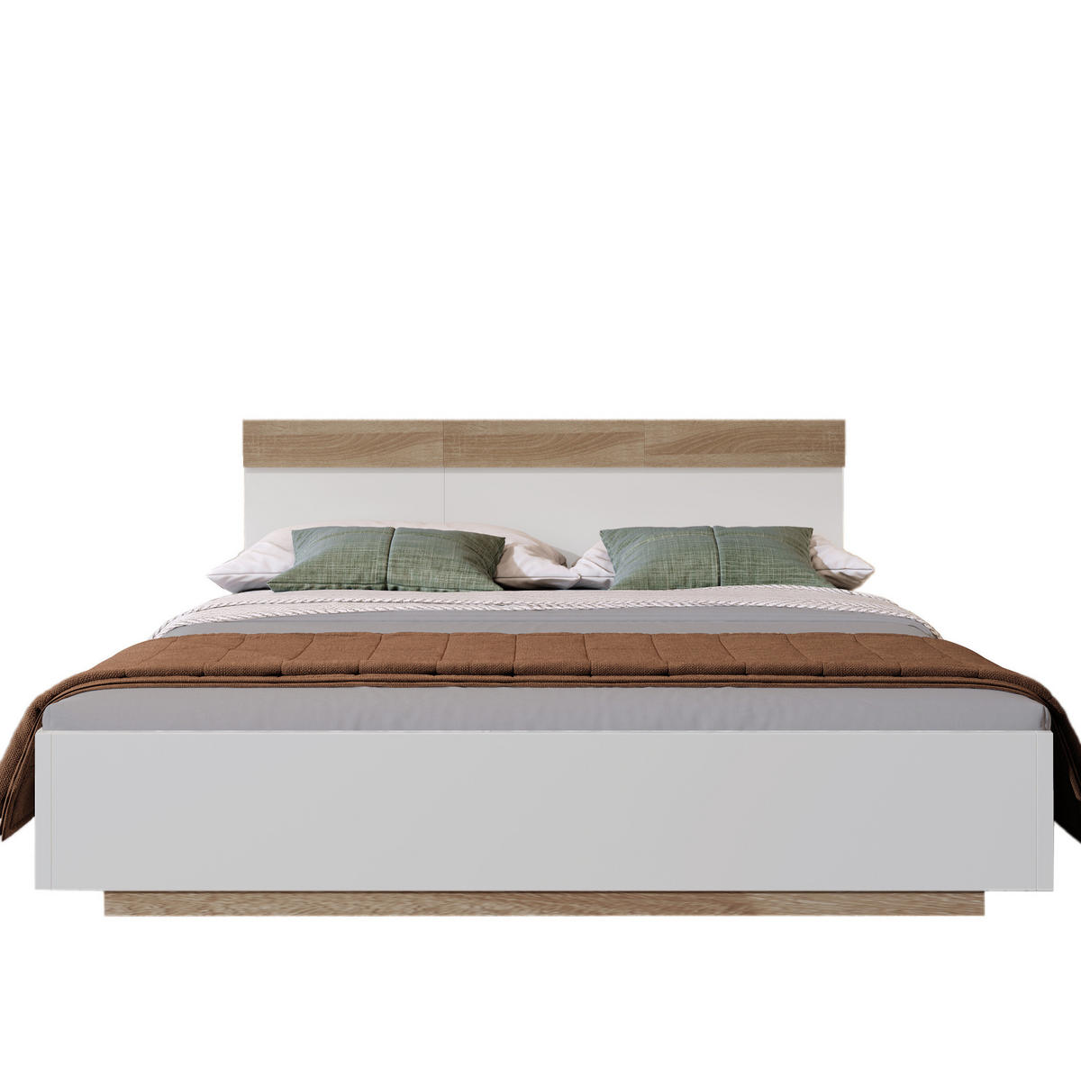 BETT 160/200 cm in Weiß/Eiche Sonoma mit Lattenrost und Schwebeoptik - Weiß, Holzwerkstoff (160/200cm) - Flora Grace