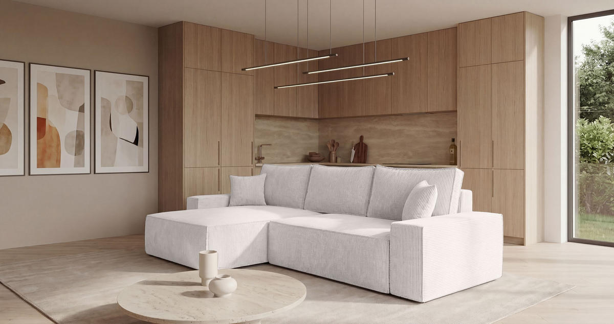 ECKSOFA California mit Schlaffunktion Vanille Links - Weiß, Textil (280/185cm) - Cornero