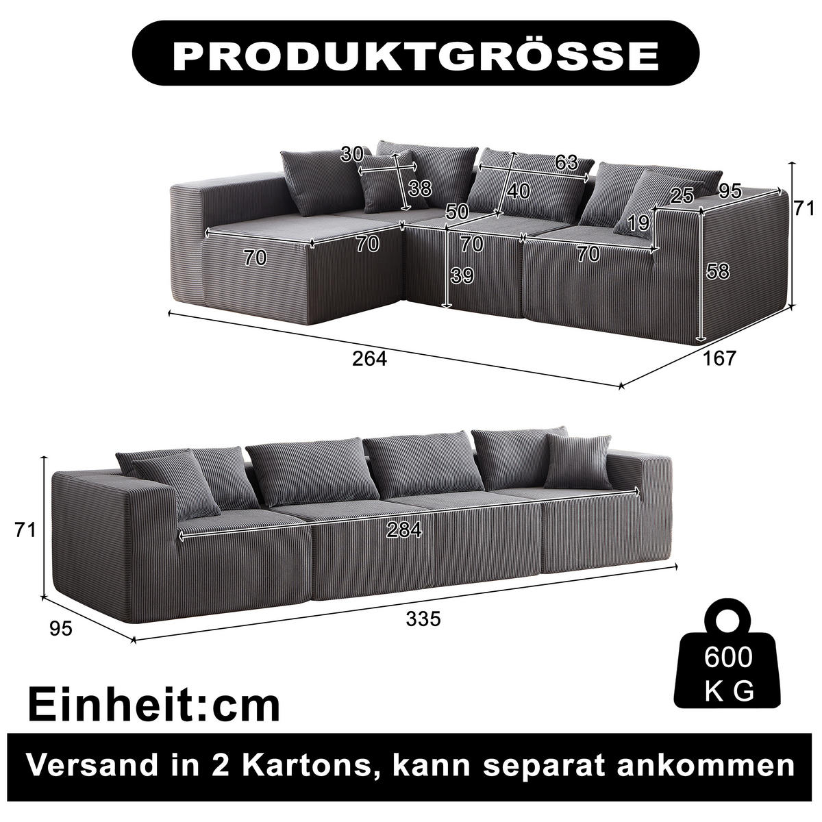 ECKSOFA 264/167/71 cm Grau Cord - Grau, Textil (264/167cm) - Oxeza