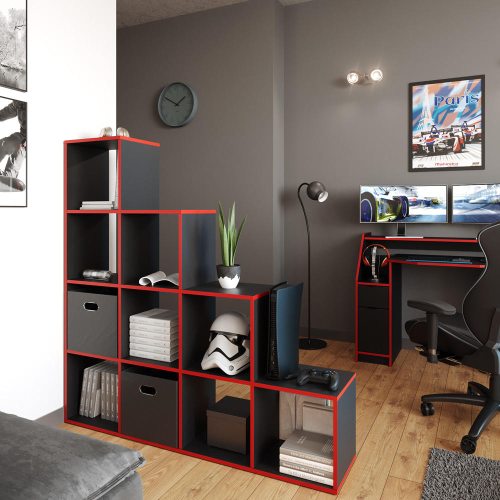 TREPPENREGAL Schwarz/Rot 142.5 x 140 cm - Rot/Schwarz, Holzwerkstoff (142.5/140/29cm) - Vicco