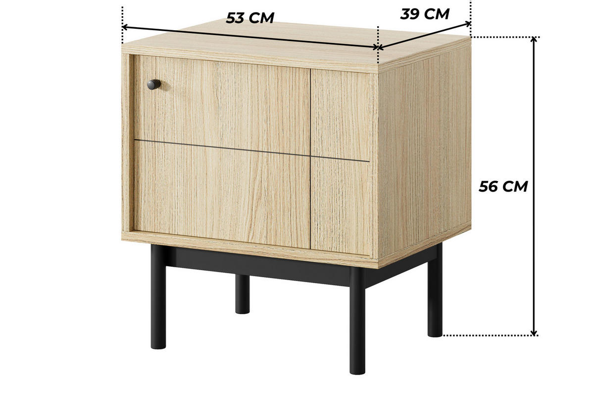 NACHTSCHRANK SORA SN1D (Eiche Linea, Gefräste Front, Haefele Soft-Close, Holzfüße) - Eichefarben/Schwarz, Holz/Holzwerkstoff (53/56/39cm) - Ravio